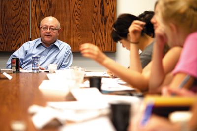 <strong>SCOTT ROEDER |</strong> Staff Photographer<br>President Mark Yudof faces questions from UC student media about lay-offs, furloughs and fee increases.