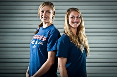 <strong>SCOTT ROEDER |</strong> Staff Photographer<br>Juniors Juliane Piggott (left) and Kari Pestolesi (right), in addition to senior setter Taryn Robertson (not pictured) were all named to the All-Big West First Team for the 2009 season.