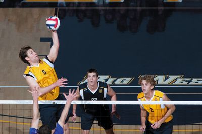 <strong>SCOTT ROEDER | Staff Photographer<strong><br/>Cole Reinholm, Kevin Welch, and Connor Hughes (left to right) battle it out against UC Santa Barbara.  