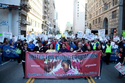 brandon wong | Staff Photographer Southern California teachers march through Pershing Square in Los Angeles on March 4, 2010.
