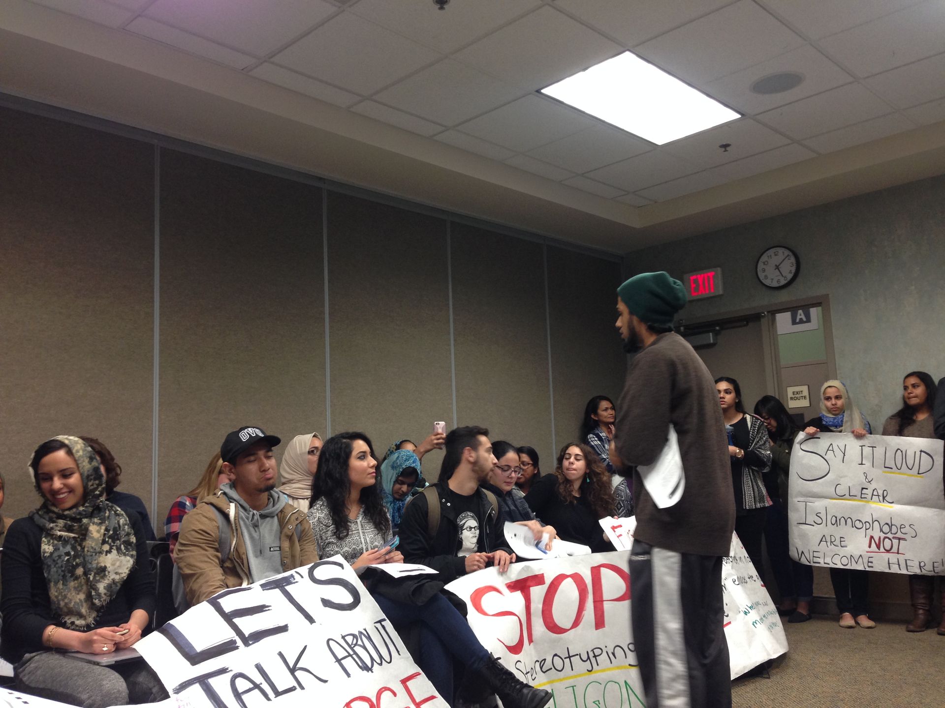 MSU President Hayder Chaudhery tells a group of demonstrating students to "be civil" during his address to George Novshadyan: "no eye-rolling, no snapping." (Courtesy of Sabrina Zuluaga)