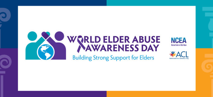 A graphic with two figures, one is teal and one is purple, hold hands over a drawing of the globe, next to the word "World Elder Abuse Awareness Day, Building Strong Support for Elders"