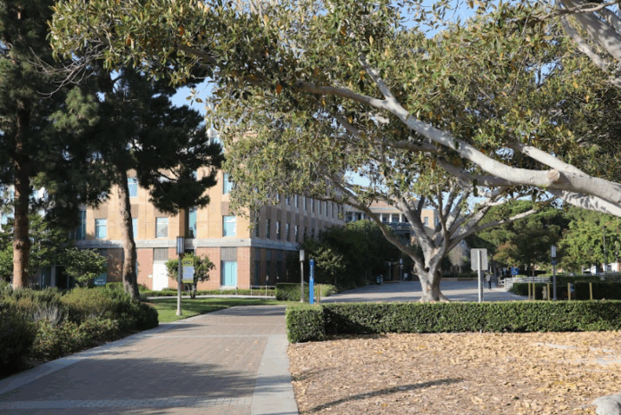 Photo on campus of the walkway in front of the Anteater Learning Pavilion (ALP)