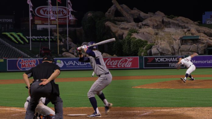 A UC Irvine batter awaits a pitch at Angel Stadium