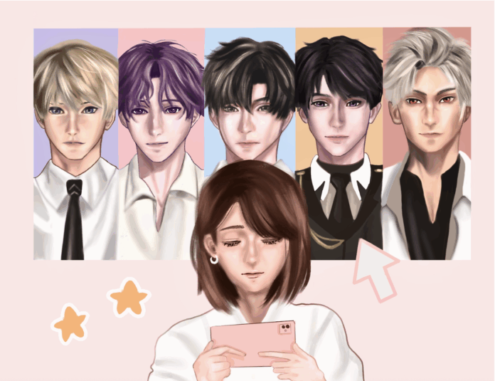 Photo of a girl looking down at her phone with five virtual love interests behind her.