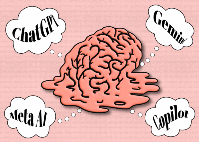 A peach colored melted cartoon brain sits in the middle of the image with thought bubbles extending to different wildly used generative AI's.