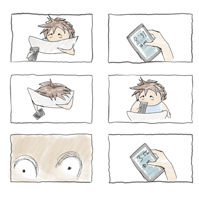 A student wakes up, tired and checks their phone. The time shows 8:31 a.m.. The student falls back on their pillow, seemingly for a moment. The student rises, checking their phone again, which shows 3:56 p.m., and realizes they have been asleep for hours.