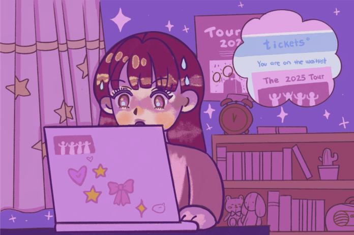 Screenshot-2025-10-15-at-10.35.38-AM Illustration of a girl sitting at her desk with her laptop while trying to get concert tickets. On her laptop, a pop-up reads “you are on the waitlist” for tickets to the tour.