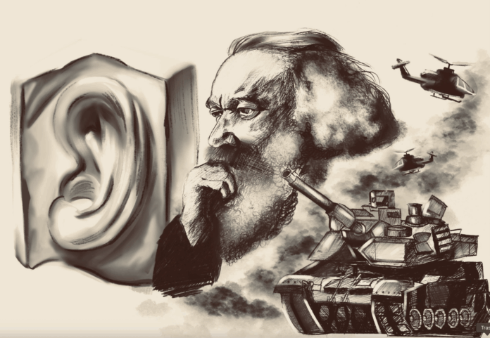 A sketch depicts Karl Marx whispering to the sculpture of an ear. Smoke arises from behind a tank while helicopters are flying high above.