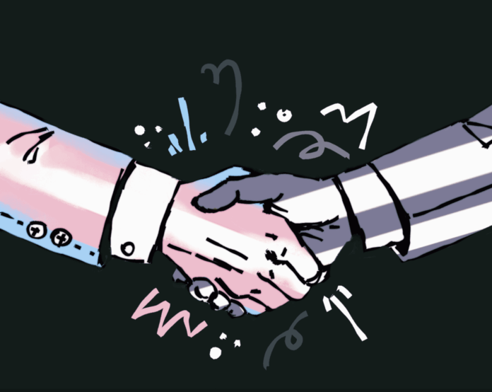 A cartoony rendition of a close-up of a handshake over a dark teal background. The hand on the left has the trans flag overlaid on top, and the hand on the right has the straight flag over it. Surrounding their hands are circles and squiggles of various shapes, sizes and colors at the center point of the drawing.