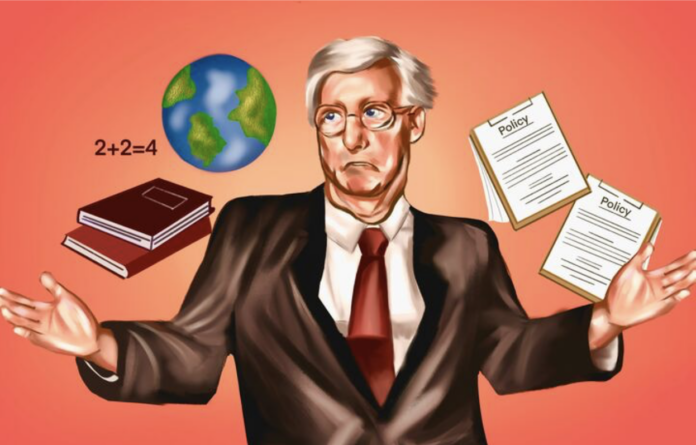 Illustration of an GOP leader in a suit and a red tie shrugging with an exasperated expression. A globe, two books, and an equation that says "2+2=4" are floating on his left side to symbol common sense. Two clipboards labeled "Policy" floats on his right side to symbolize policy decisions.