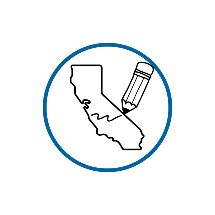 A black outline of California is shown inside a blue circle. A black pencil is shown inside the circle as well and drawing on top of California.