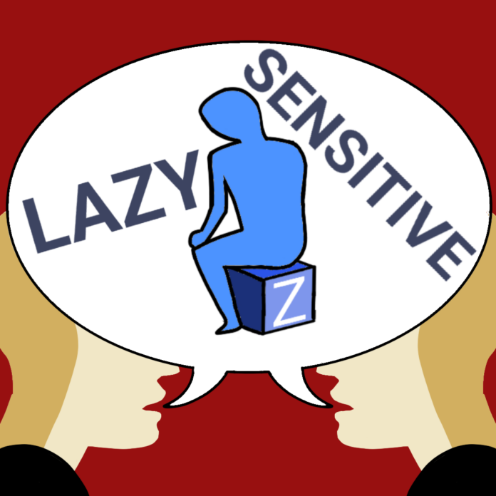 img_5260 The graphic shows two people facing each other and talking in front of a red background. There is a white speech bubble between them, covering most of their faces, showing only their shoulders, chin, mouth, and part of their nose and head. In the speech bubble, there is a blue person sitting on a blue box with their head down and back facing the viewer. On the box, there is a white "Z." Around the blue person, inside the speech bubble, are the words "LAZY" and "SENSITIVE." The words are slanted to fit between the person and the bubble.