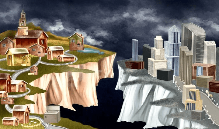 An illustration of a rural town and a large modern city, each perched on separate cliffs divided by a deep chasm under a stormy sky.