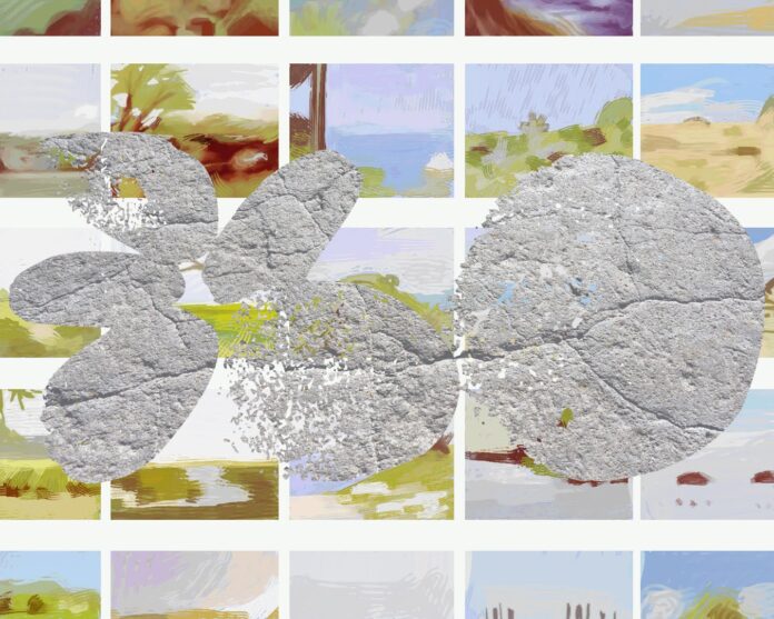 There are 25 rectangles that each have a different abstract recreation of a landscape. In front of these landscapes is the number 360 made up of stones. This number also has a stone texture overlayed on top of it.