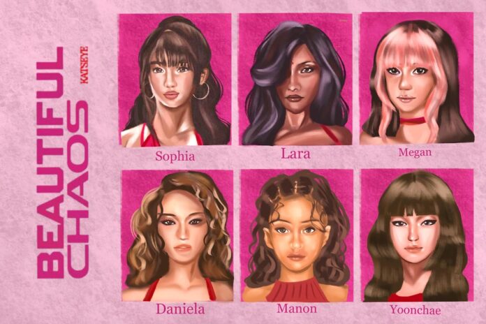 An illustration featuring headshots of the six KATSEYE members on a hot pink backdrop. The names of the members are labeled underneath their profiles in the sequence of "Sophia," "Lara," "Megan, "Daniela," "Manon," and "Yoonchae."